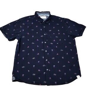 Free Planet Shirt Mens Large Blue Tropical Flamingo Print Button Short Sleeve